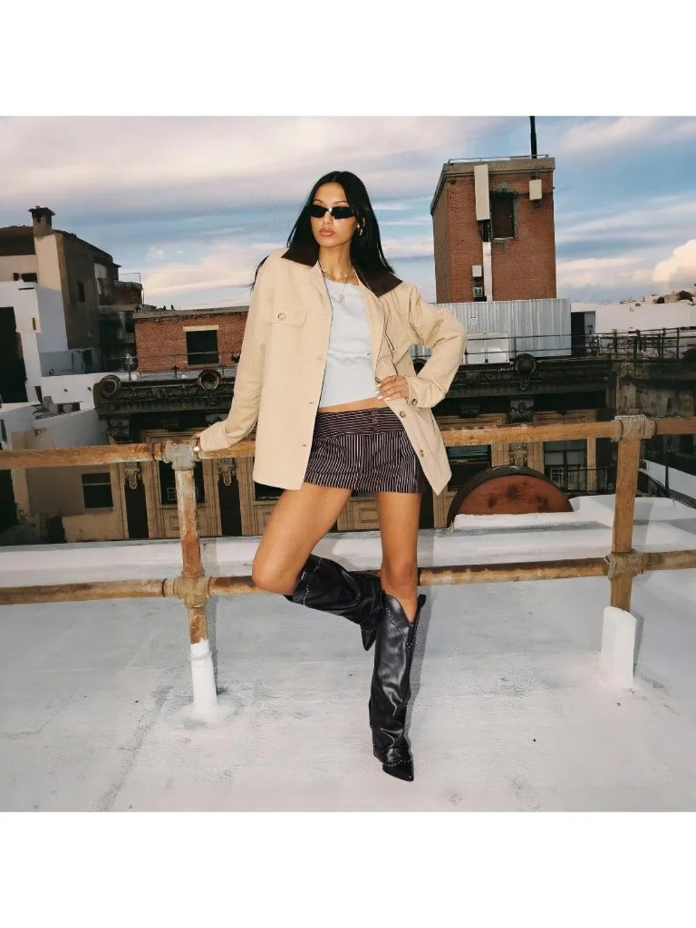 Women's Black Chunky Heel Elegant Cowgirl Fold Over Knee High Shark Boots